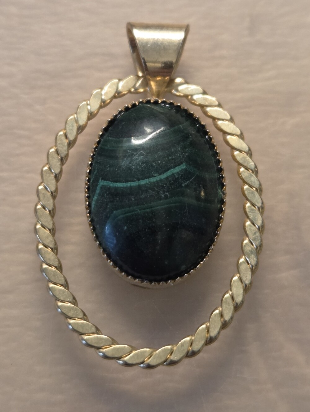 Natural Malachite Gold Tone Oval Statement Pendant Green Banded Artisan